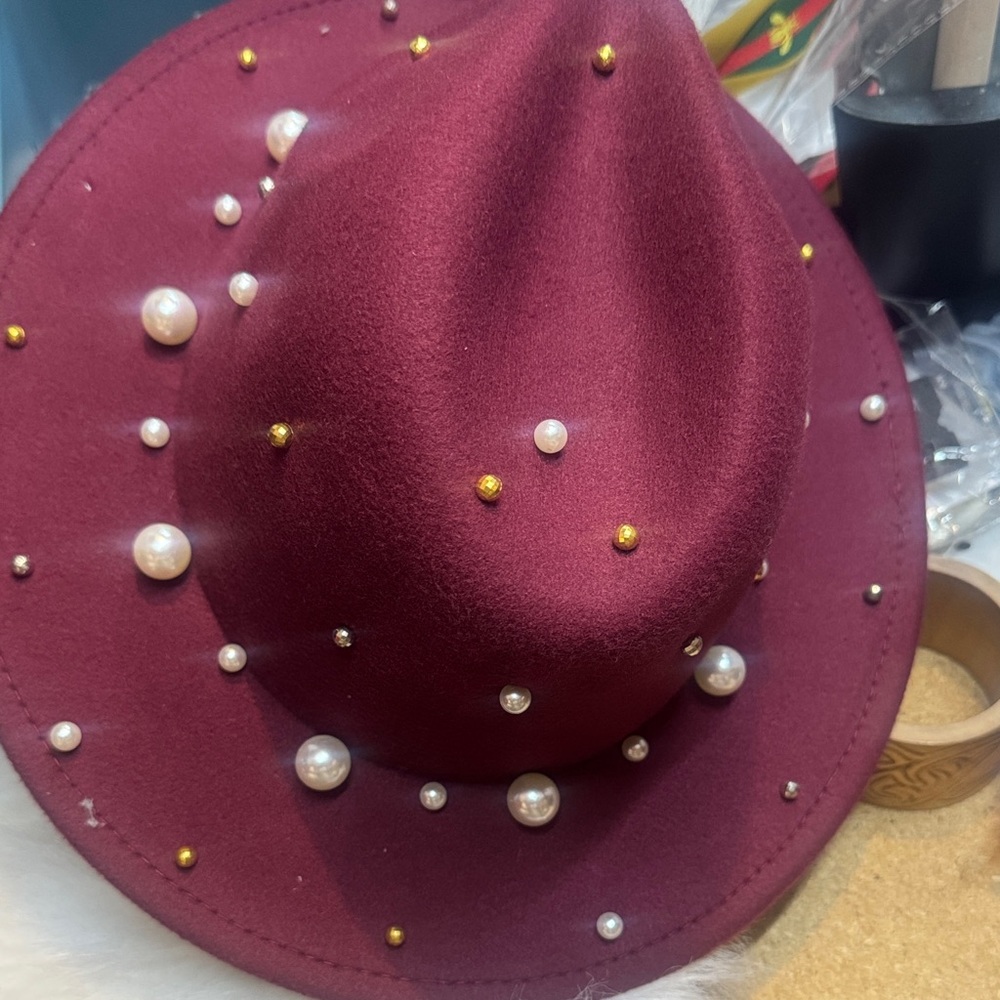 Elegant Pearl-Studded Burgundy Hat